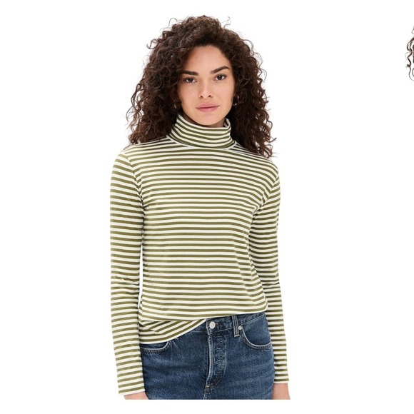 Kule The Cotton Turtleneck Long Sleeve Shirt Top in Olive Green Cream Ministripe